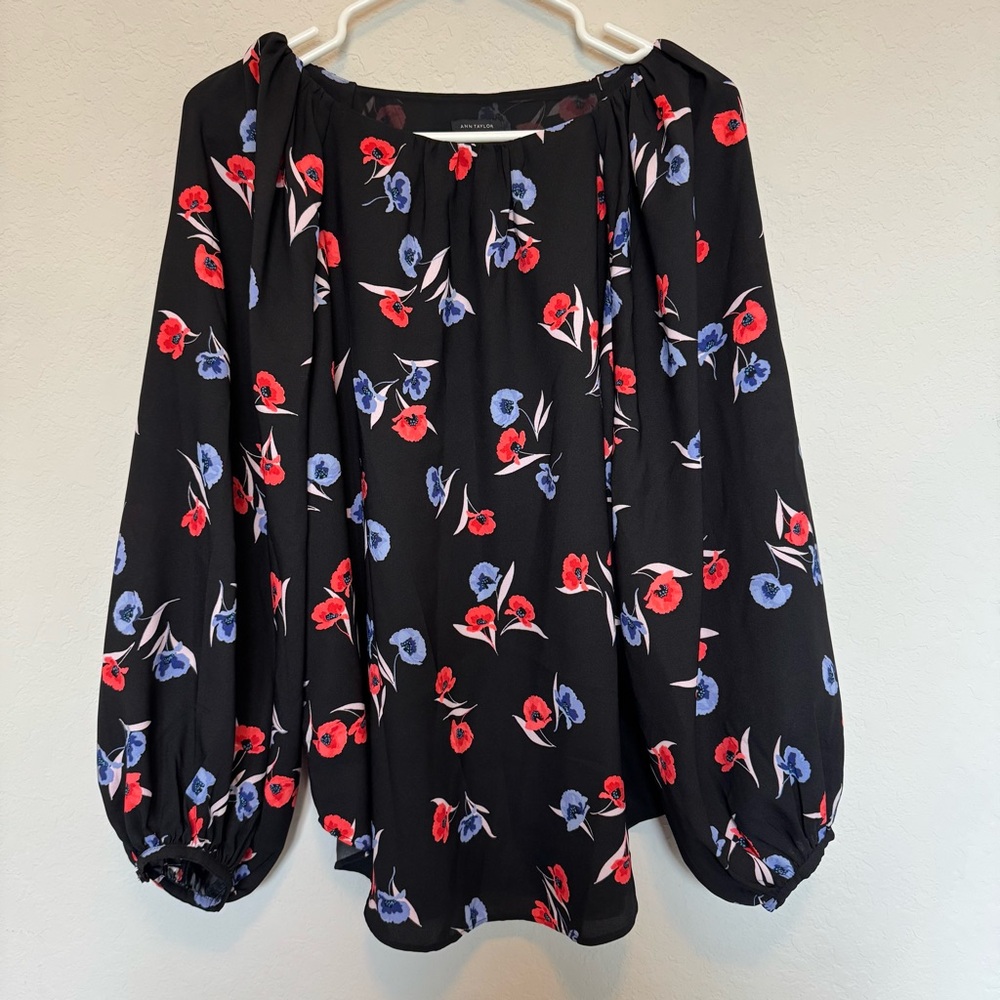 Ann Taylor Black Blouse with Red and Blue Floral Pattern Medium